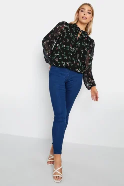 M&Co Womens M&Co Navy Blue Floral Print Tie Neck Blouse
