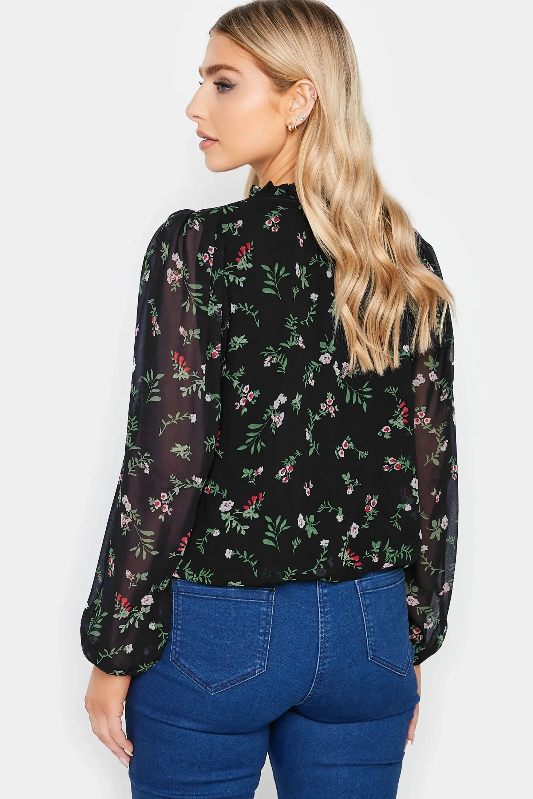 M&Co Womens M&Co Navy Blue Floral Print Tie Neck Blouse