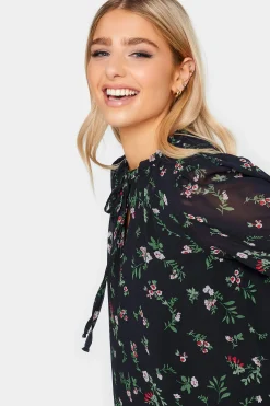 M&Co Womens M&Co Navy Blue Floral Print Tie Neck Blouse