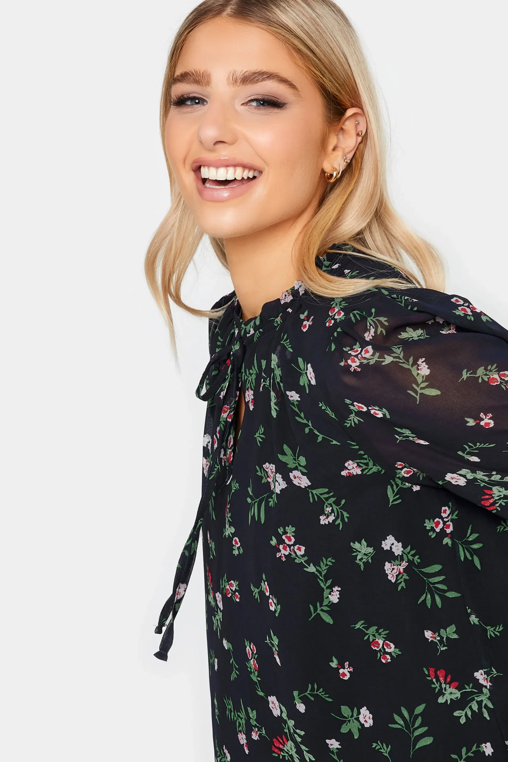M&Co Womens M&Co Navy Blue Floral Print Tie Neck Blouse
