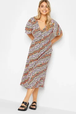 M&Co Womens M&Co Orange Ditsy Floral Print Midi Button Through Tea Dress