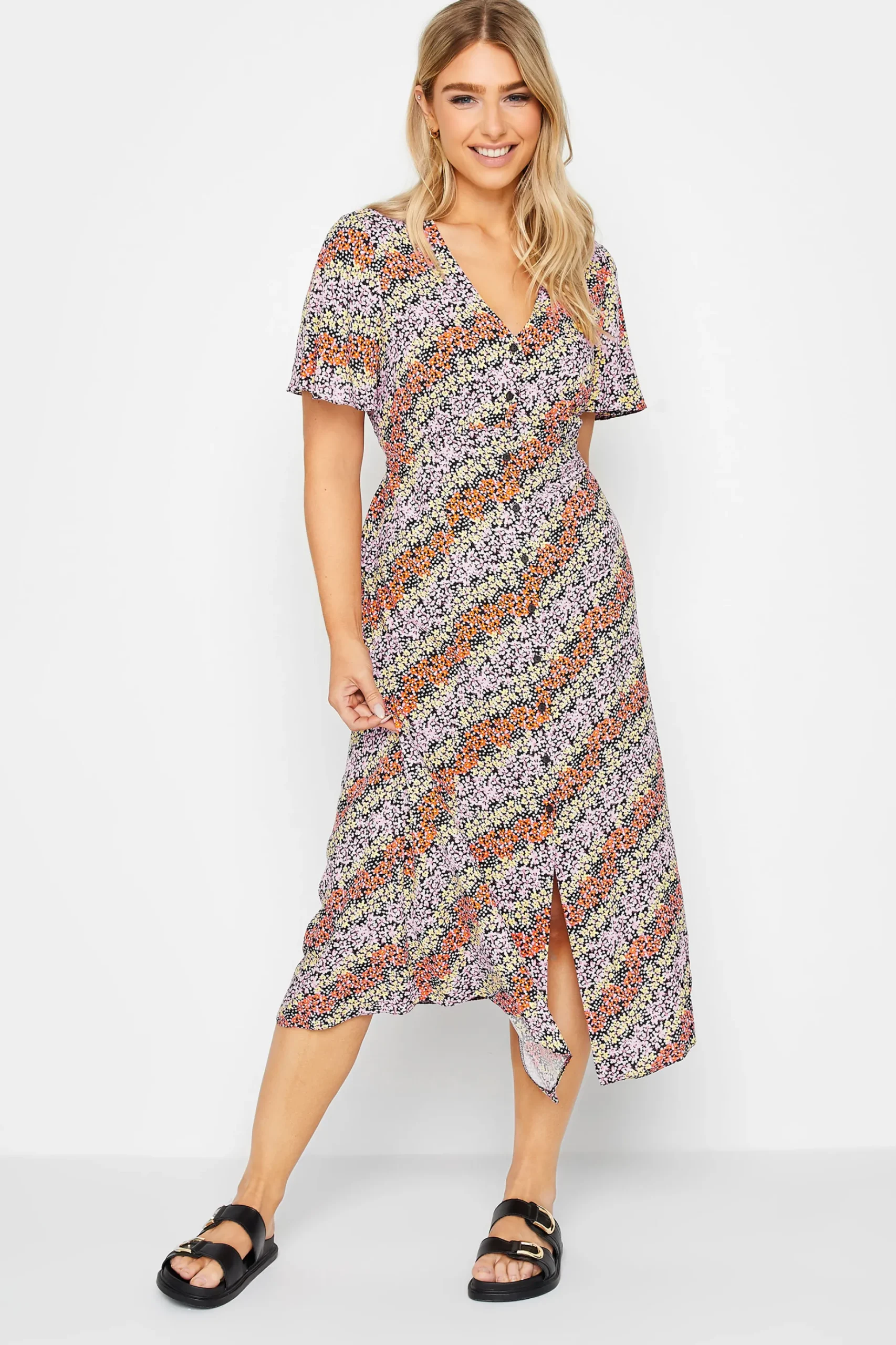 M&Co Womens M&Co Orange Ditsy Floral Print Midi Button Through Tea Dress