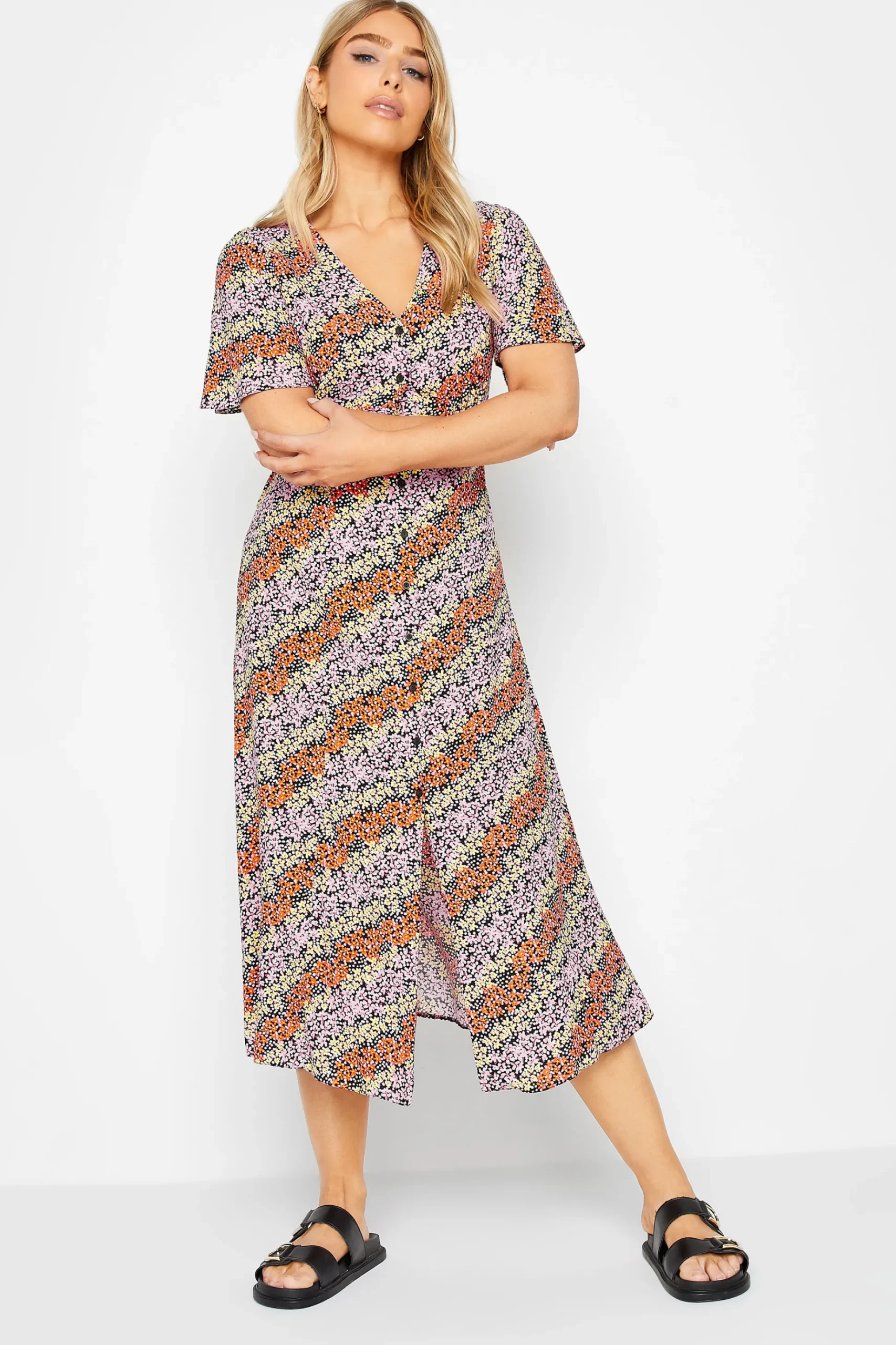 M&Co Womens M&Co Orange Ditsy Floral Print Midi Button Through Tea Dress