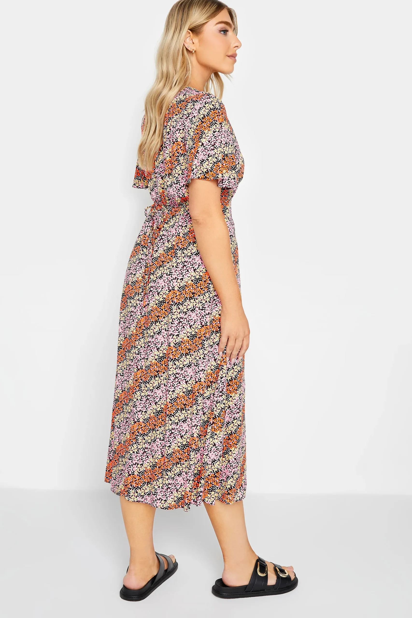 M&Co Womens M&Co Orange Ditsy Floral Print Midi Button Through Tea Dress