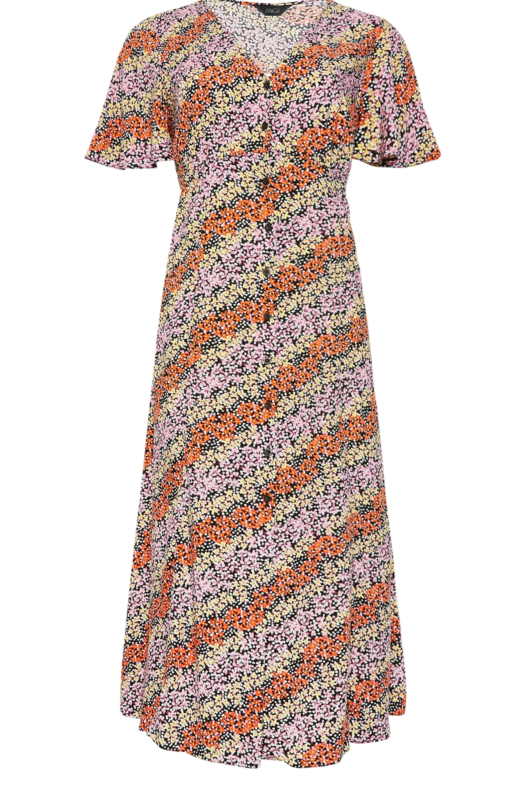 M&Co Womens M&Co Orange Ditsy Floral Print Midi Button Through Tea Dress