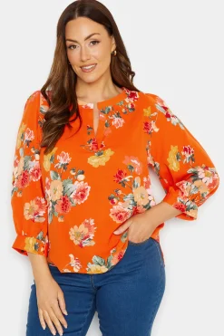 M&Co Womens M&Co Orange Floral 3/4 Sleeve Blouse