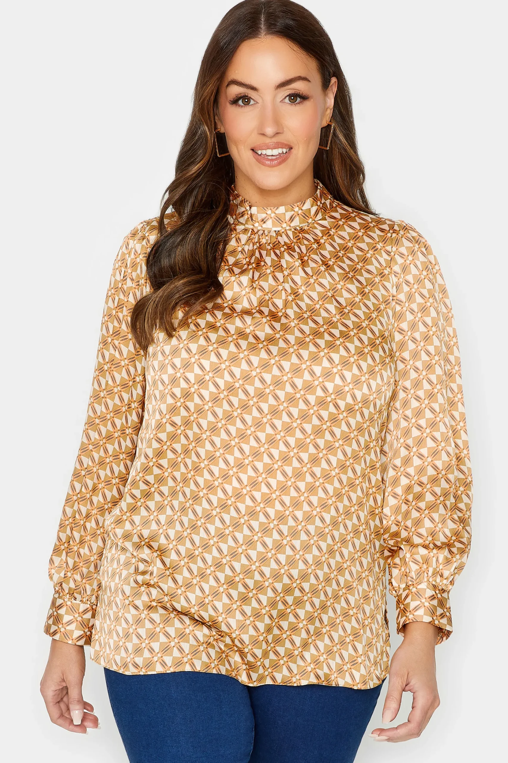 M&Co Womens M&Co Orange Geometric Print High Neck Satin Blouse