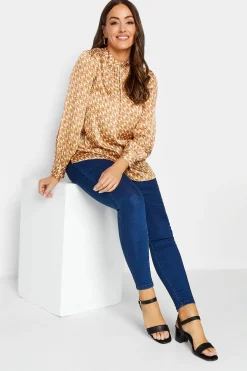 M&Co Womens M&Co Orange Geometric Print High Neck Satin Blouse