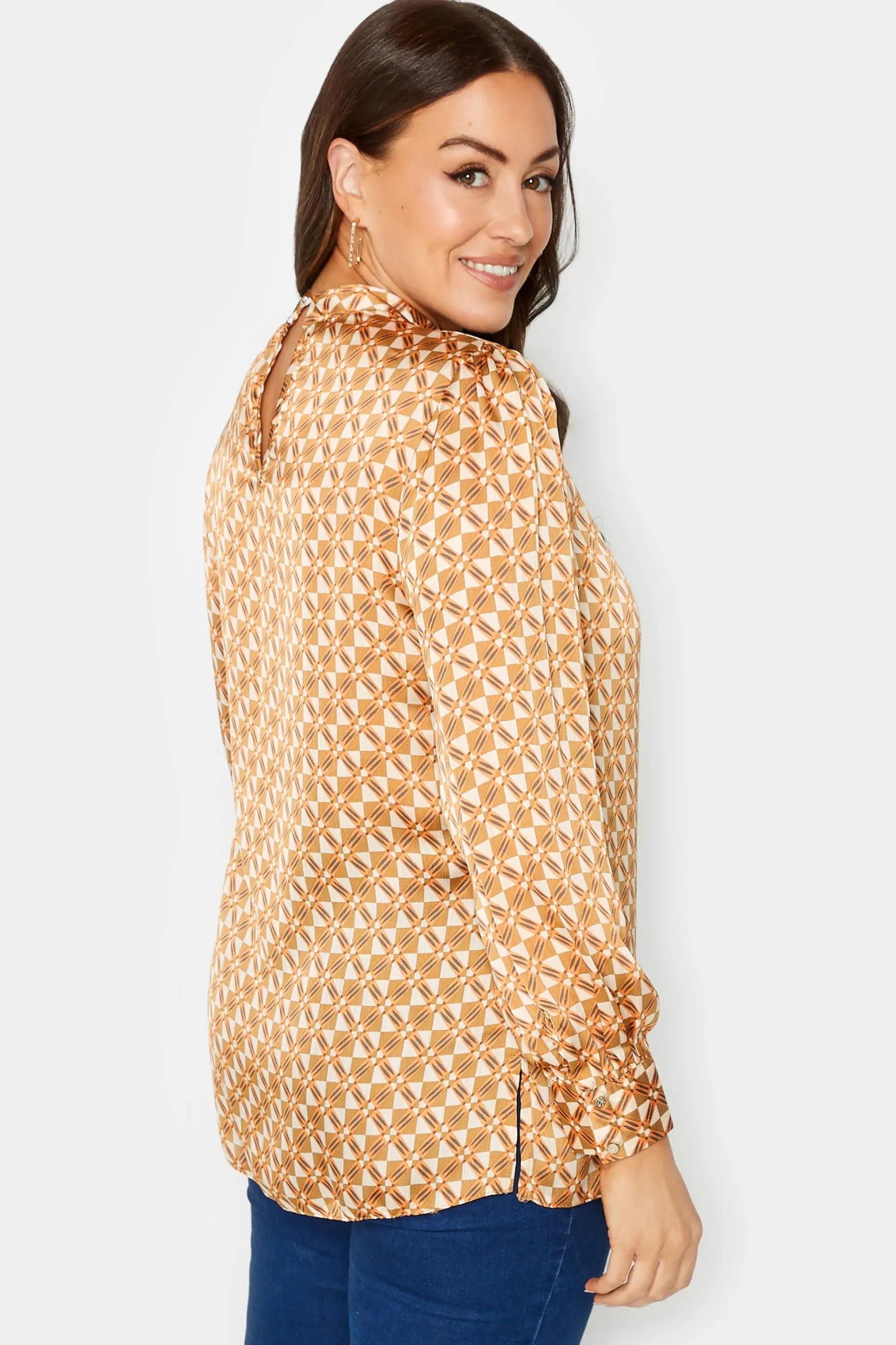 M&Co Womens M&Co Orange Geometric Print High Neck Satin Blouse
