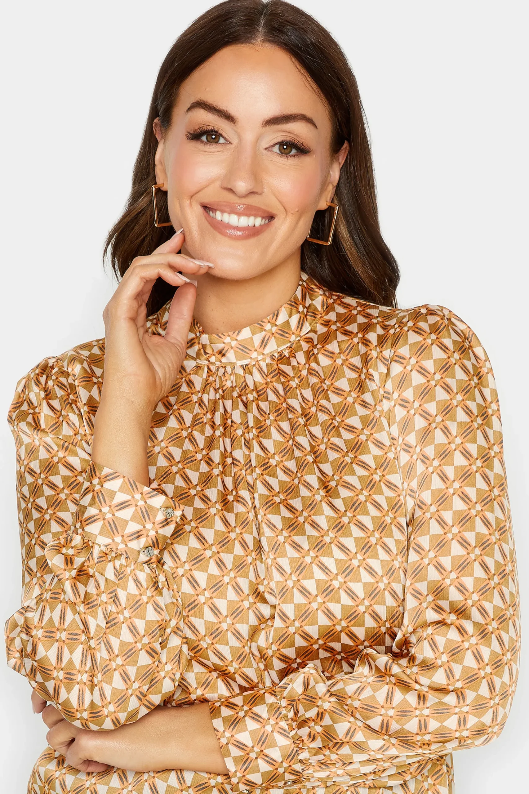 M&Co Womens M&Co Orange Geometric Print High Neck Satin Blouse