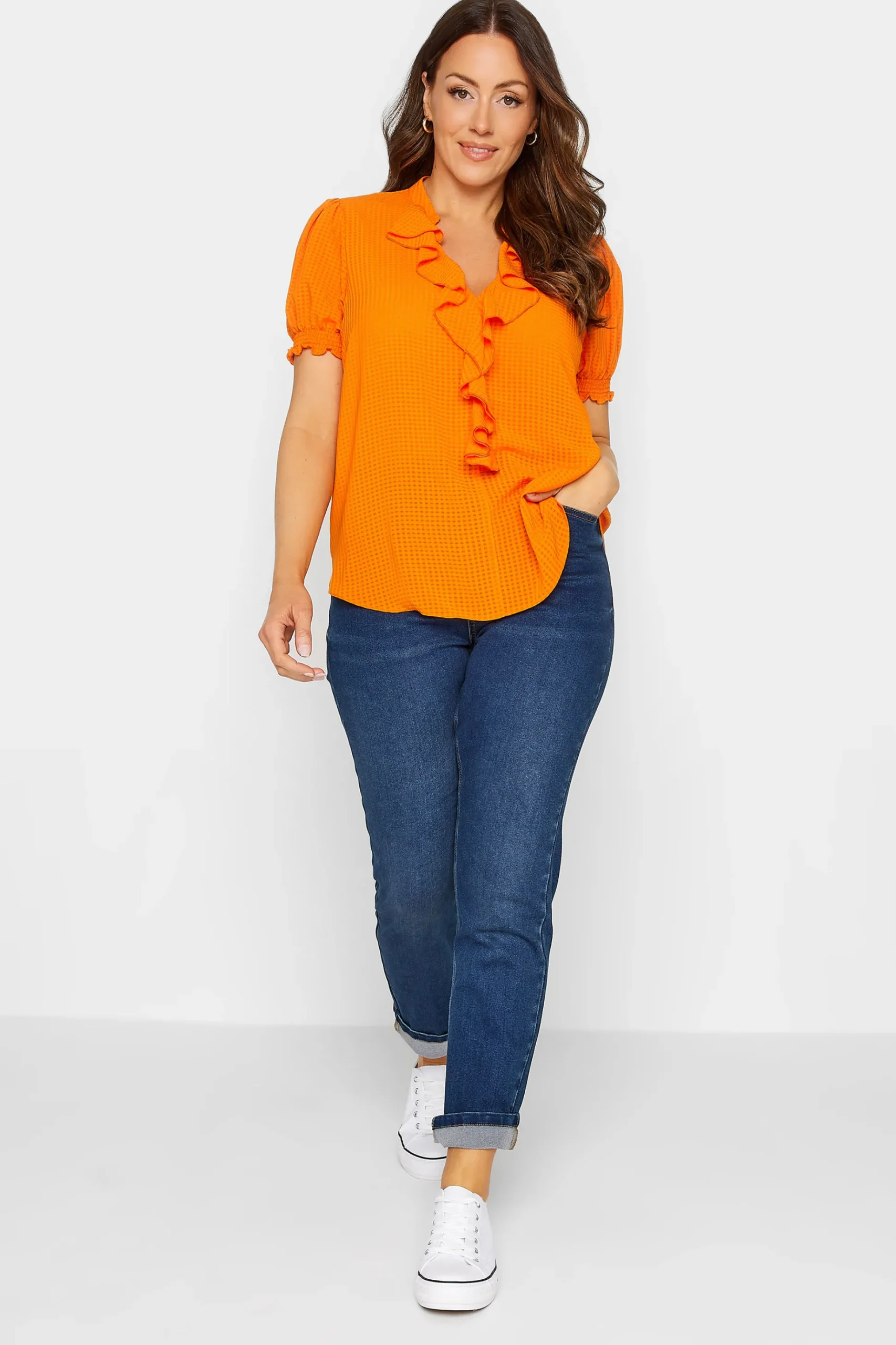 M&Co Womens M&Co Orange Gingham Frill Front Blouse