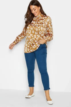 M&Co Womens M&Co Orange Leopard Print High Neck Satin Blouse