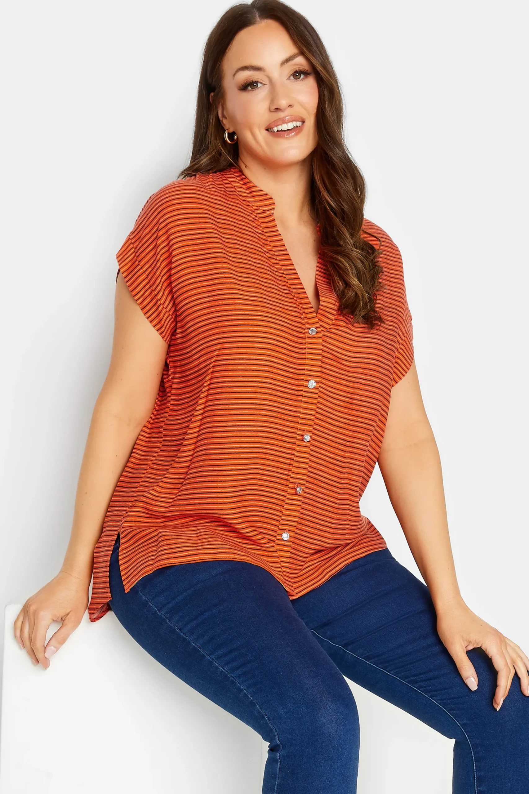 M&Co Womens M&Co Orange Stripe Grown On Sleeve Top