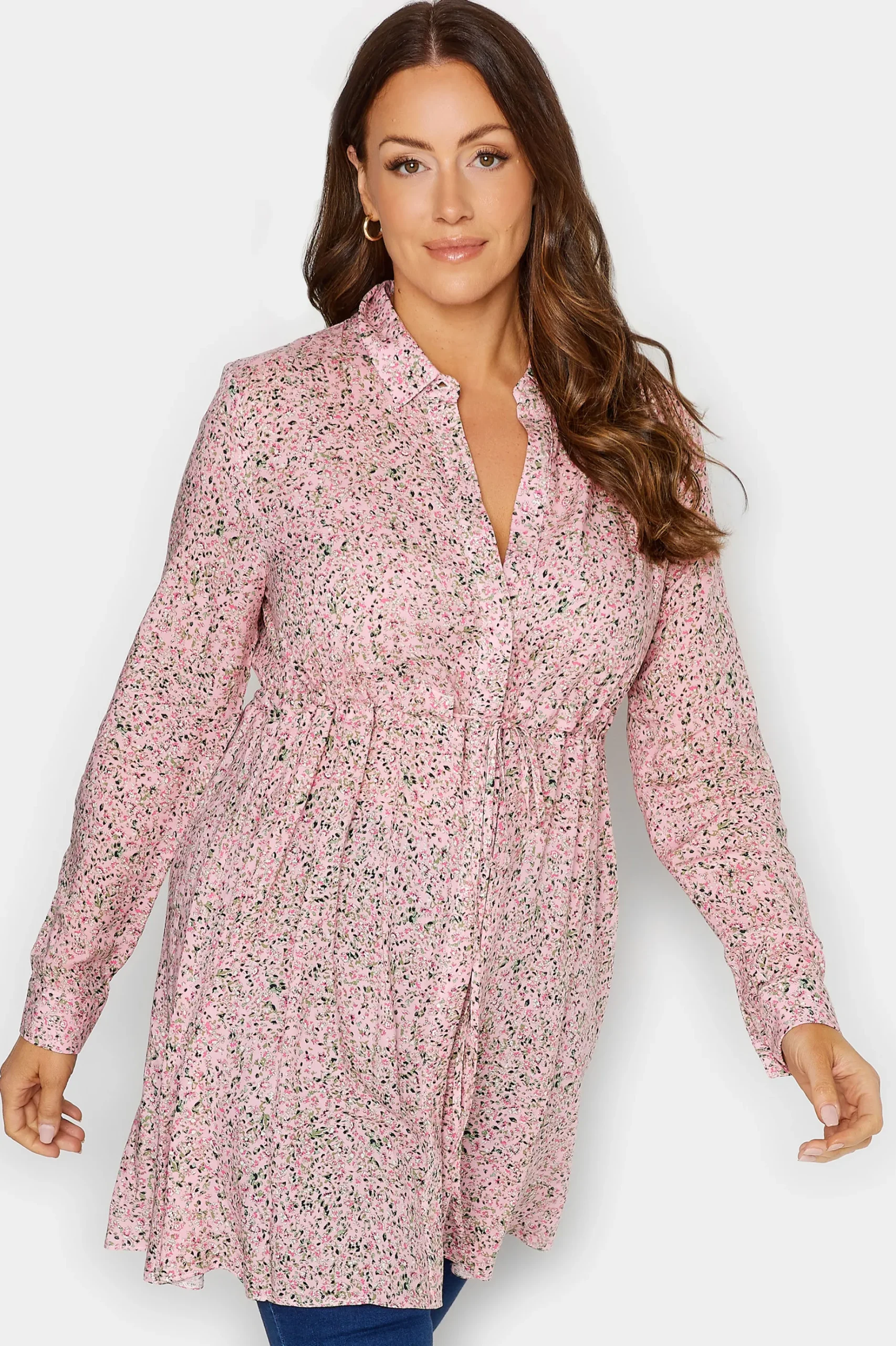 M&Co Womens M&Co Pink Ditsy Print Tie Waist Tunic Shirt