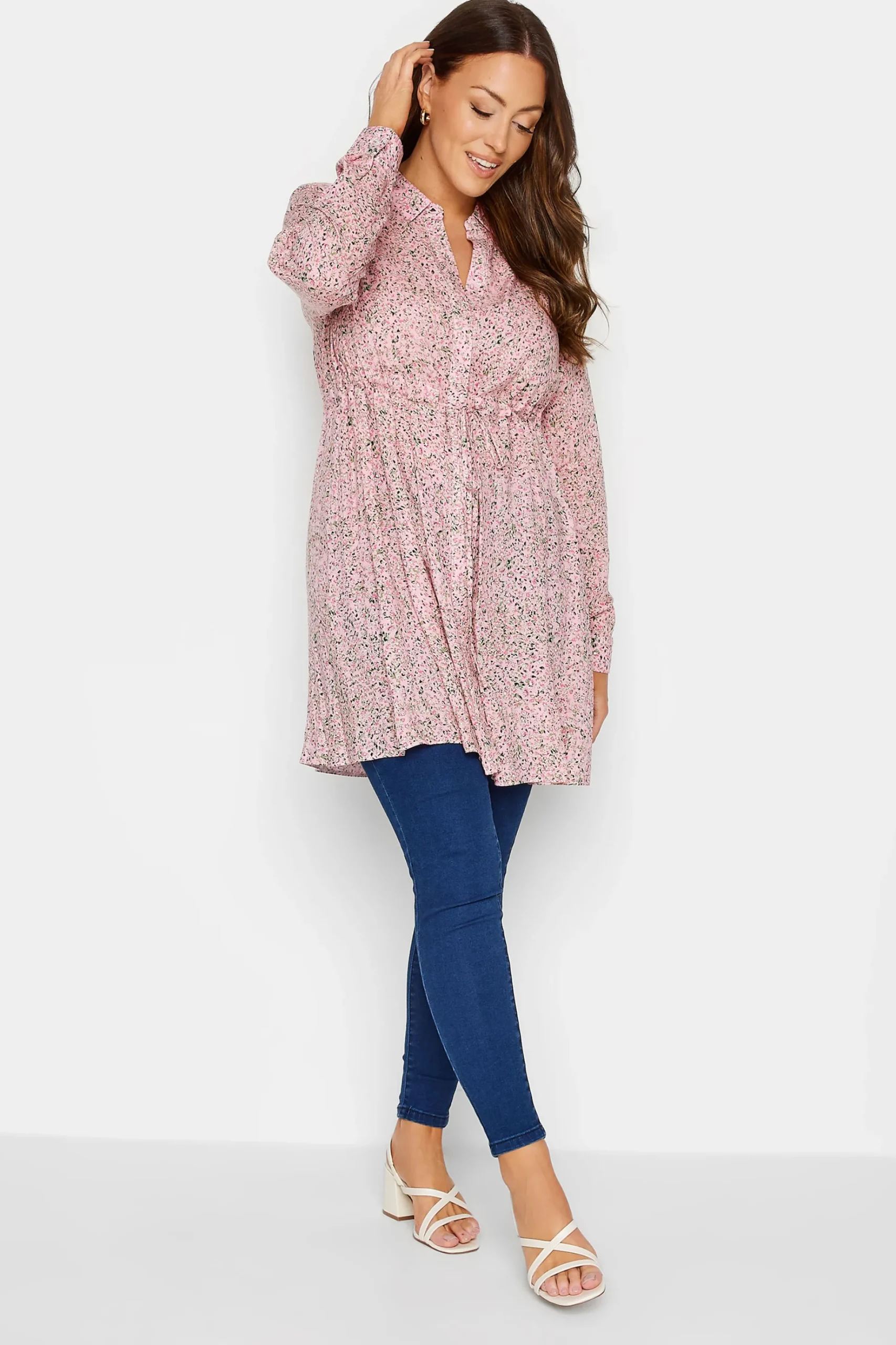 M&Co Womens M&Co Pink Ditsy Print Tie Waist Tunic Shirt