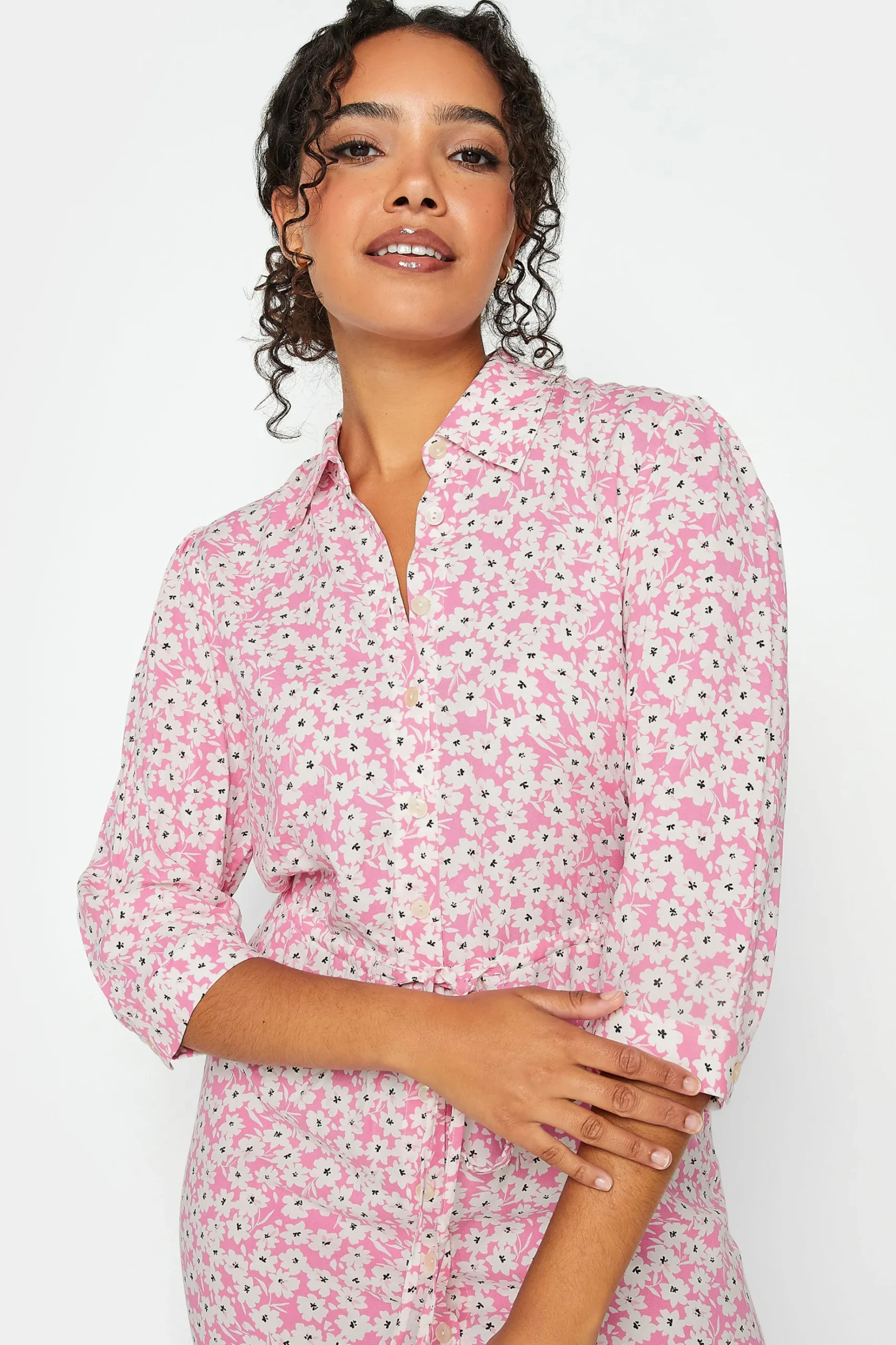 M&Co Womens M&Co Pink Floral Print Midi Shirt Dress