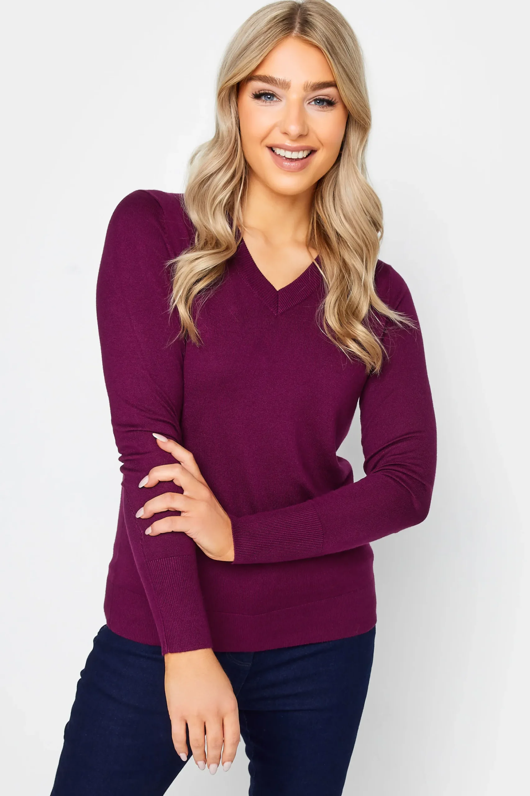 M&Co Womens M&Co Purple Long Sleeve V-Neck Jumper