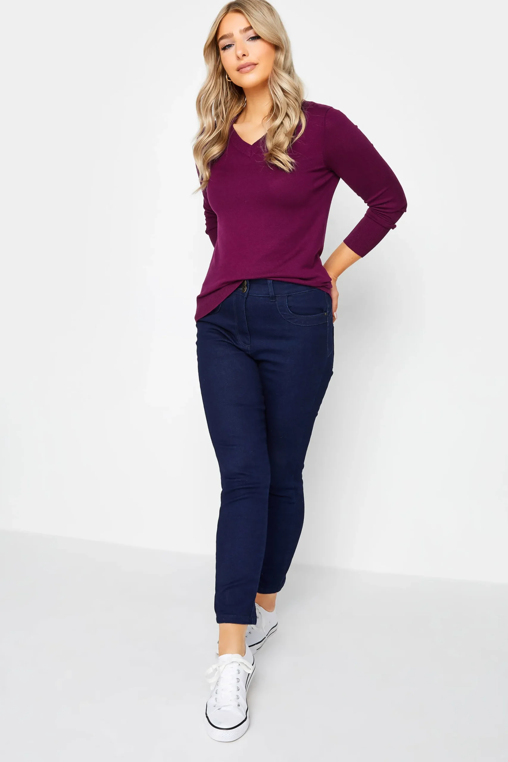 M&Co Womens M&Co Purple Long Sleeve V-Neck Jumper