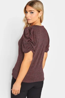 M&Co Womens M&Co Red & Silver Glitter Ruched Sleeve Blouse