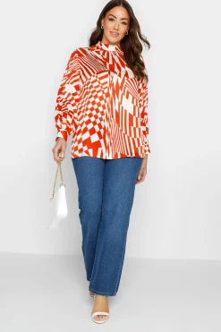 M&Co Womens M&Co Red & White Abstract Print High Neck Satin Blouse
