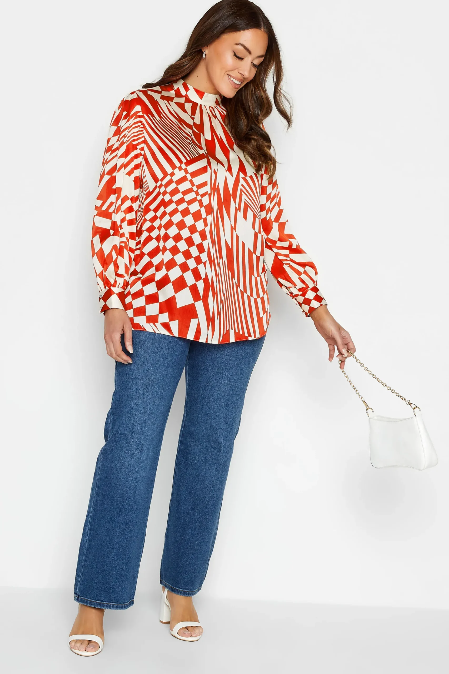M&Co Womens M&Co Red & White Abstract Print High Neck Satin Blouse
