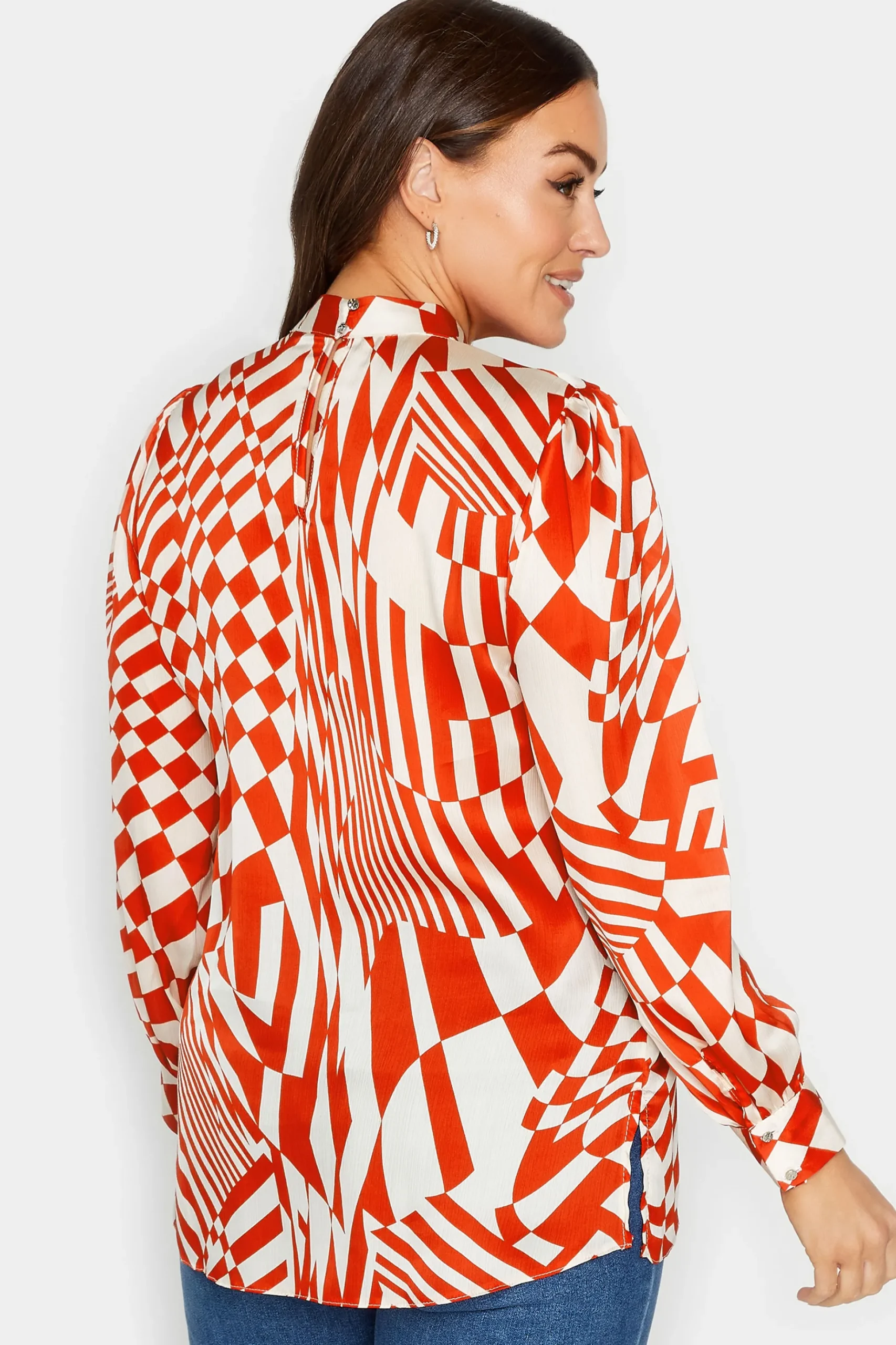 M&Co Womens M&Co Red & White Abstract Print High Neck Satin Blouse