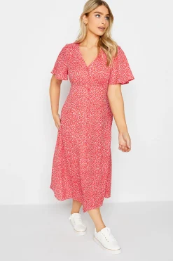 M&Co Womens M&Co Red Ditsy Spot Print Midi Button Through Tea Dress
