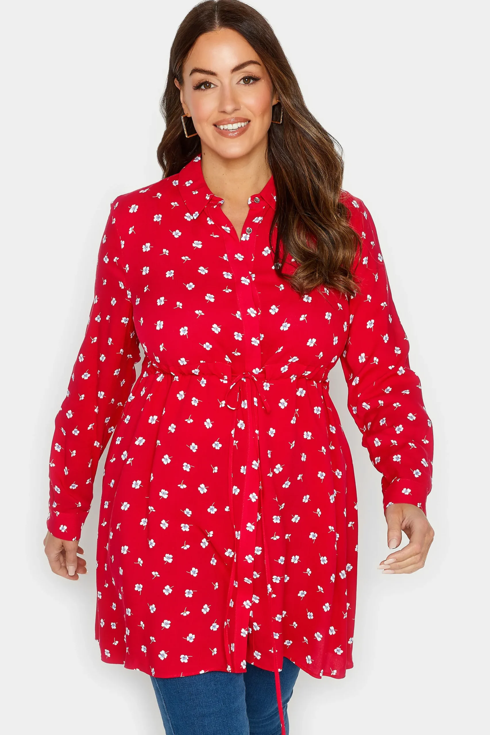 M&Co Womens M&Co Red Floral Print Tie Waist Tunic Shirt