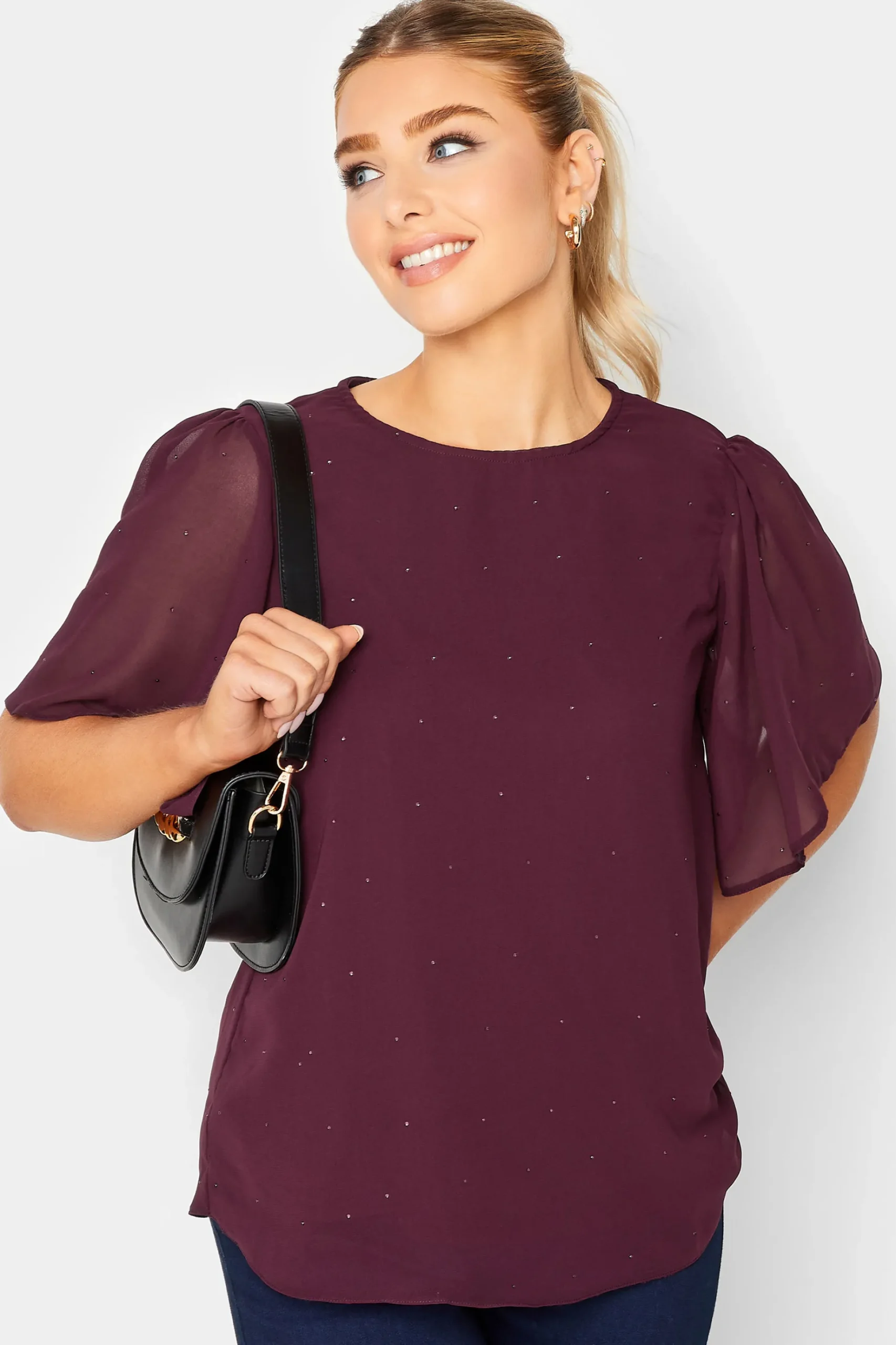 M&Co Womens M&Co Red Gem Detail Angel Sleeve Blouse
