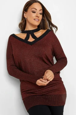 M&Co Womens M&Co Red Glitter Cut Out Tunic Jumper