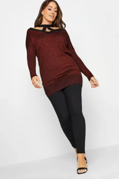 M&Co Womens M&Co Red Glitter Cut Out Tunic Jumper