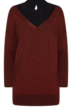 M&Co Womens M&Co Red Glitter Cut Out Tunic Jumper