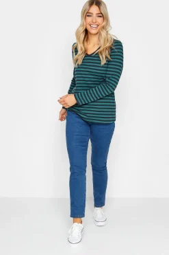 M&Co Womens M&Co Teal Blue Stripe V-Neck Long Sleeve Cotton T-Shirt