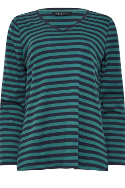 M&Co Womens M&Co Teal Blue Stripe V-Neck Long Sleeve Cotton T-Shirt