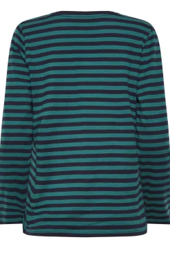 M&Co Womens M&Co Teal Blue Stripe V-Neck Long Sleeve Cotton T-Shirt
