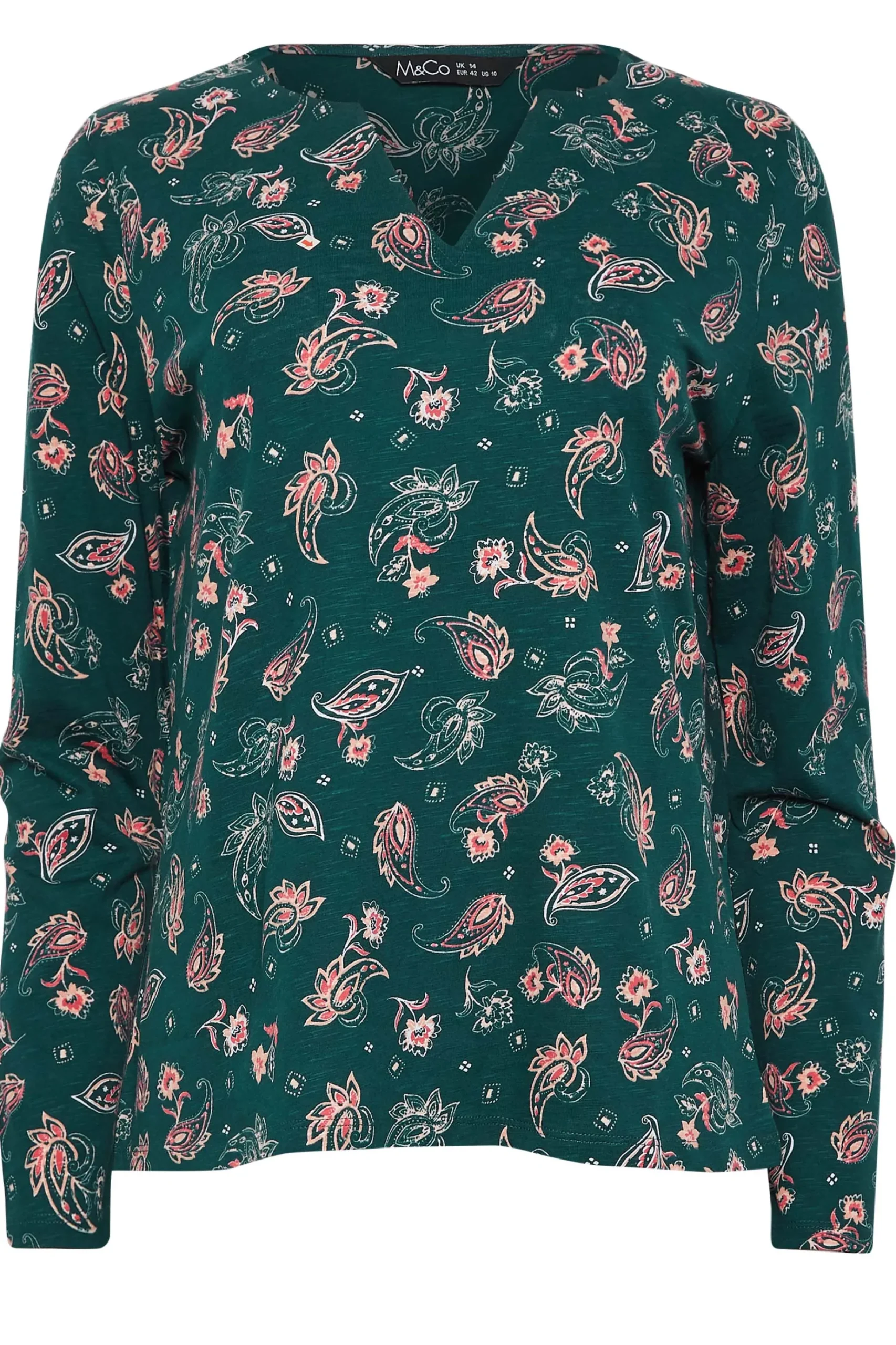 M&Co Womens M&Co Teal Green Paisley Print Notch Neck Cotton T-Shirt