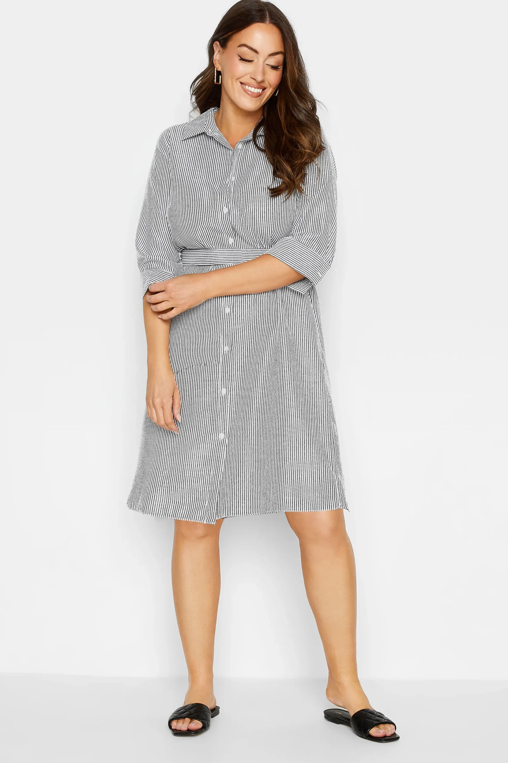 M&Co Womens M&Co White & Black Stripe Print Tie Waist Tunic Shirt Dress