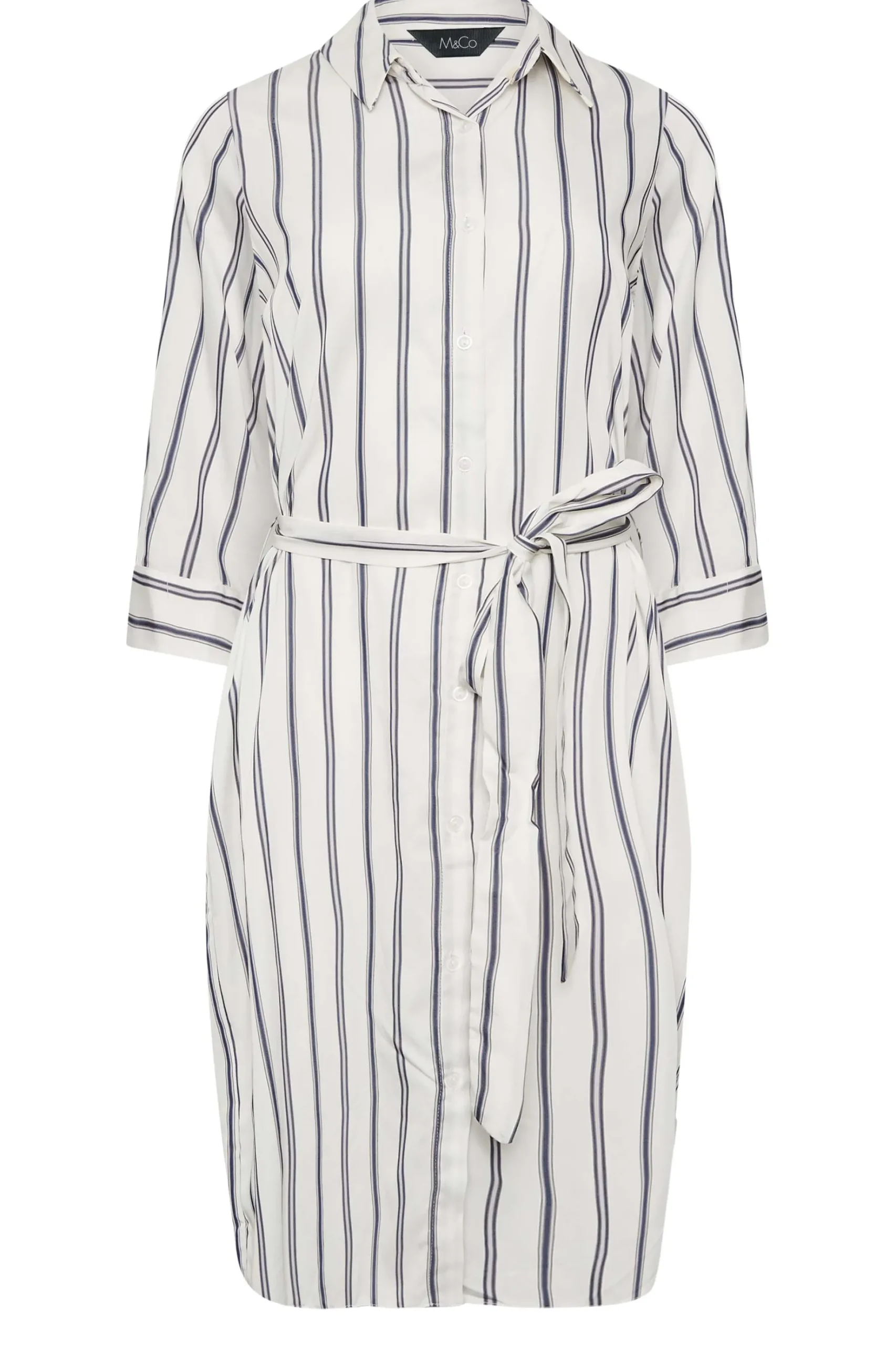 M&Co Womens M&Co White & Navy Blue Stripe Print Tie Waist Tunic Shirt Dress