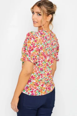 M&Co Womens M&Co White & Pink Floral Print Puff Sleeve Blouse