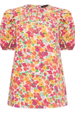 M&Co Womens M&Co White & Pink Floral Print Puff Sleeve Blouse