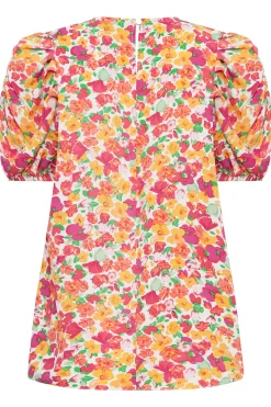 M&Co Womens M&Co White & Pink Floral Print Puff Sleeve Blouse