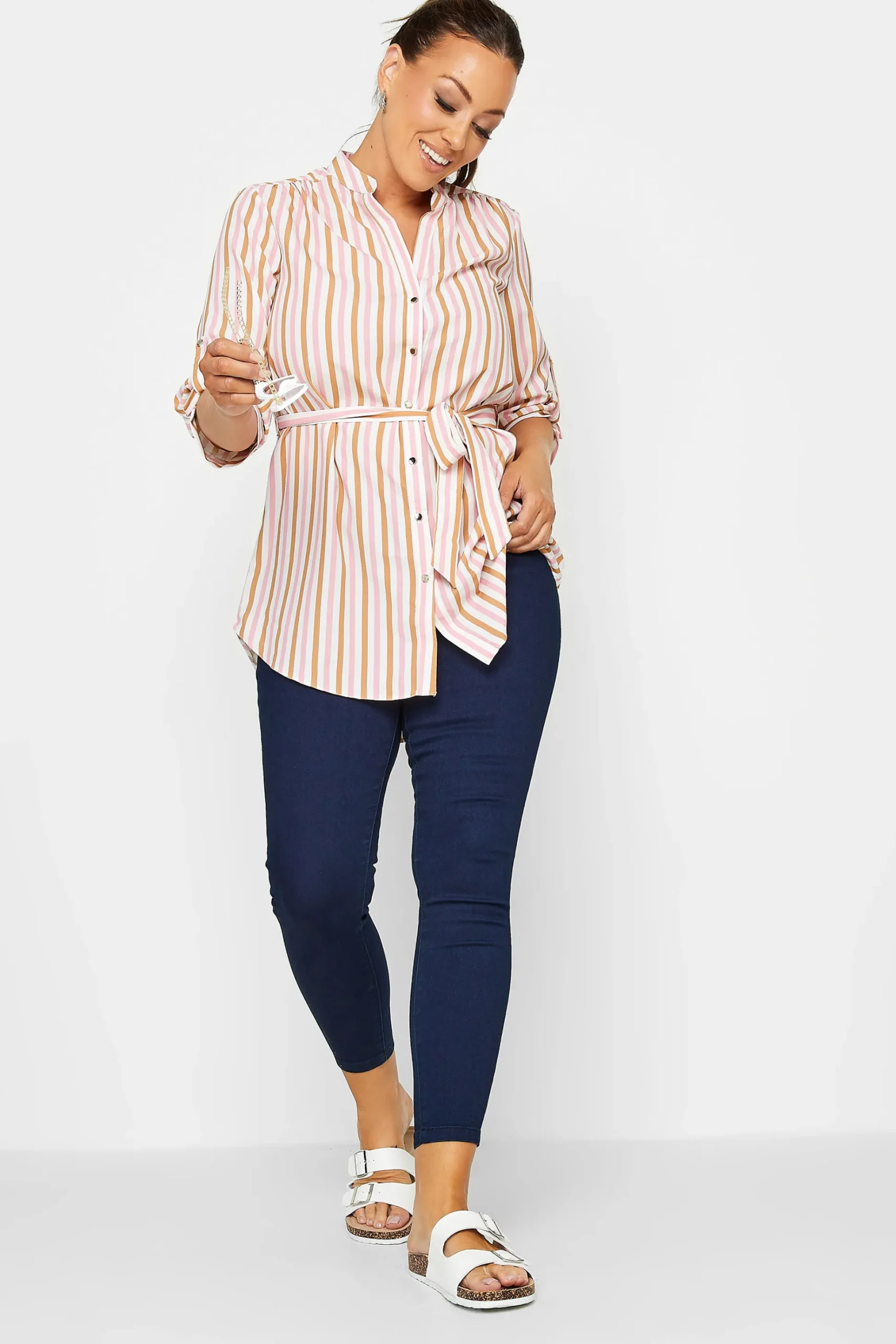 M&Co Womens M&Co White & Pink Stripe Tie Waist Blouse