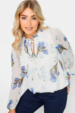 M&Co Womens M&Co White Floral Print Tie Neck Blouse