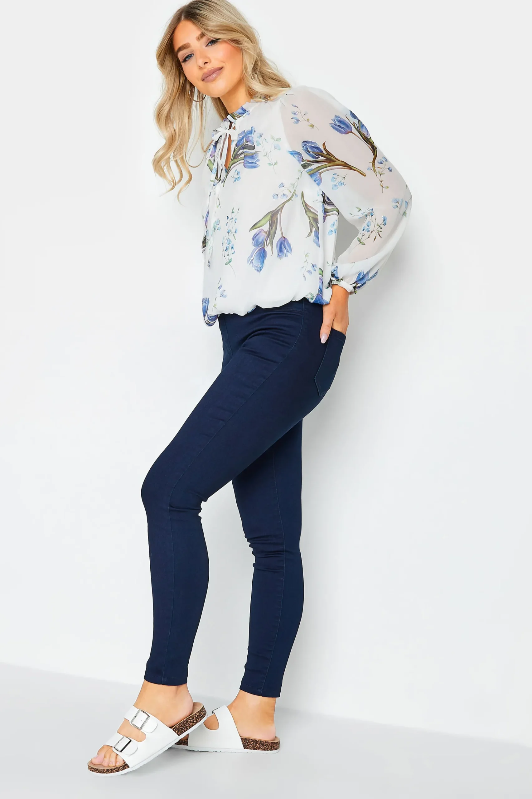 M&Co Womens M&Co White Floral Print Tie Neck Blouse
