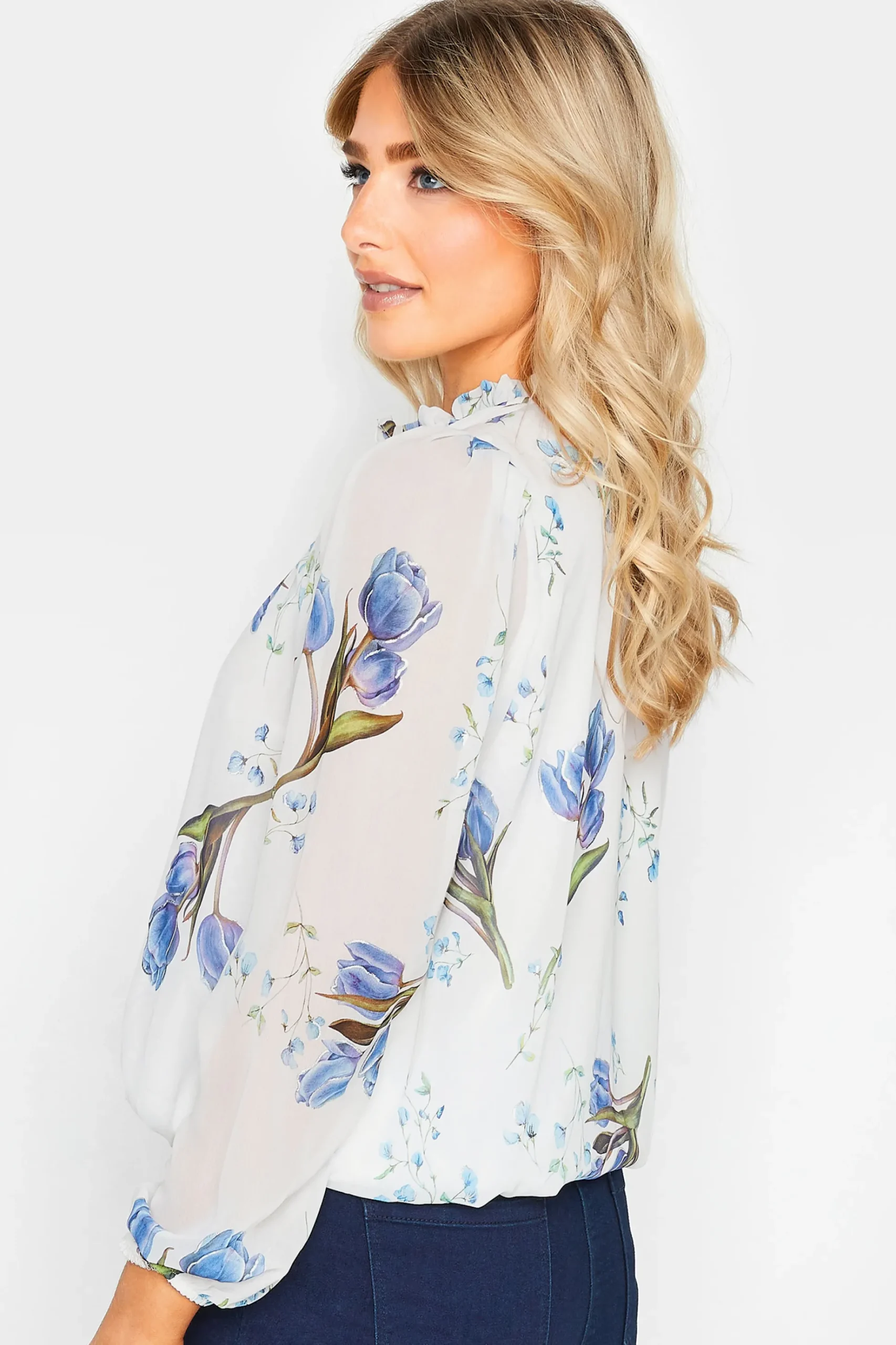 M&Co Womens M&Co White Floral Print Tie Neck Blouse