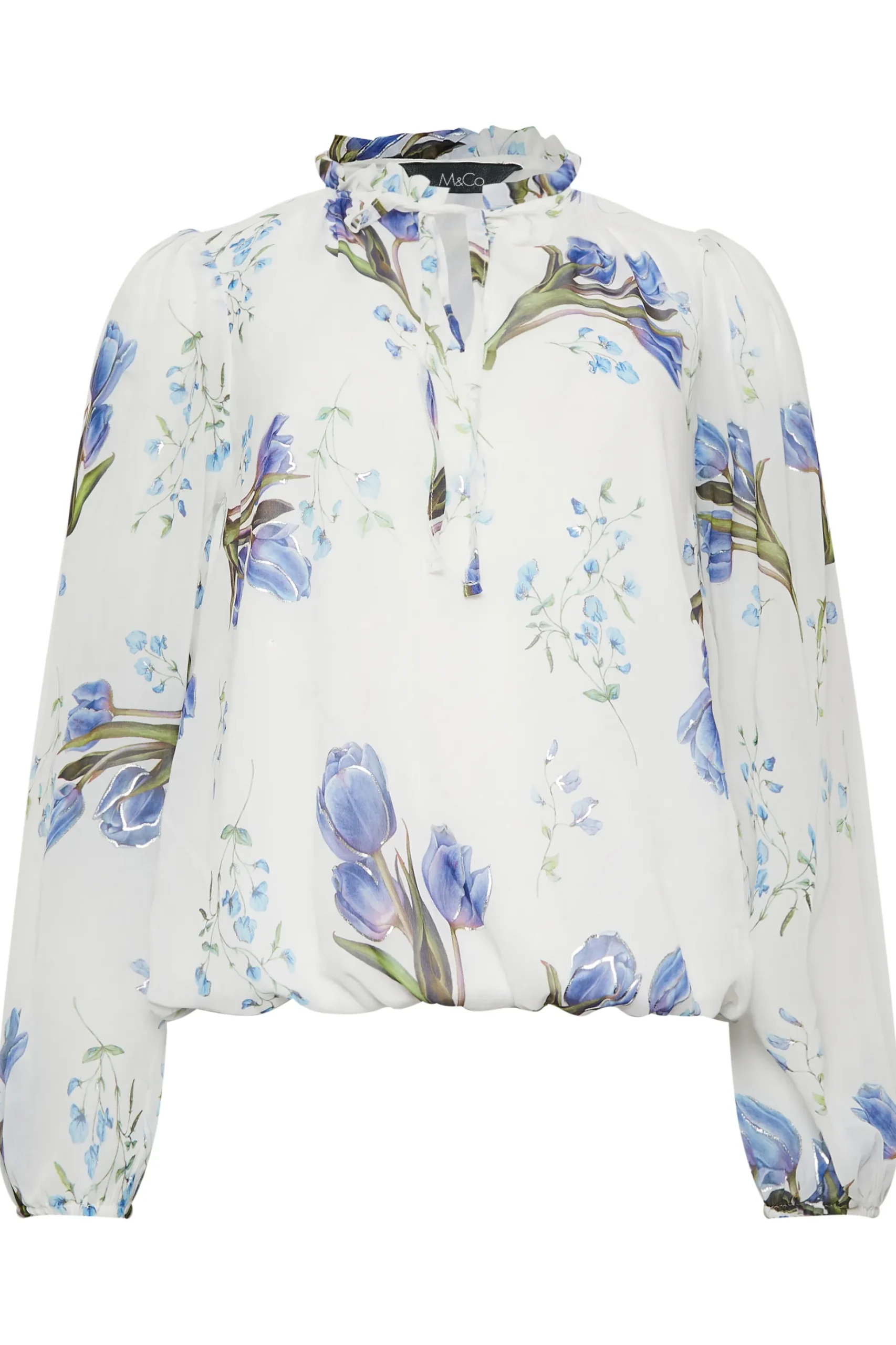 M&Co Womens M&Co White Floral Print Tie Neck Blouse