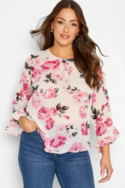 M&Co Womens M&Co White Floral Print Dobby Frill Sleeve Blouse