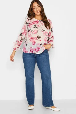 M&Co Womens M&Co White Floral Print Dobby Frill Sleeve Blouse