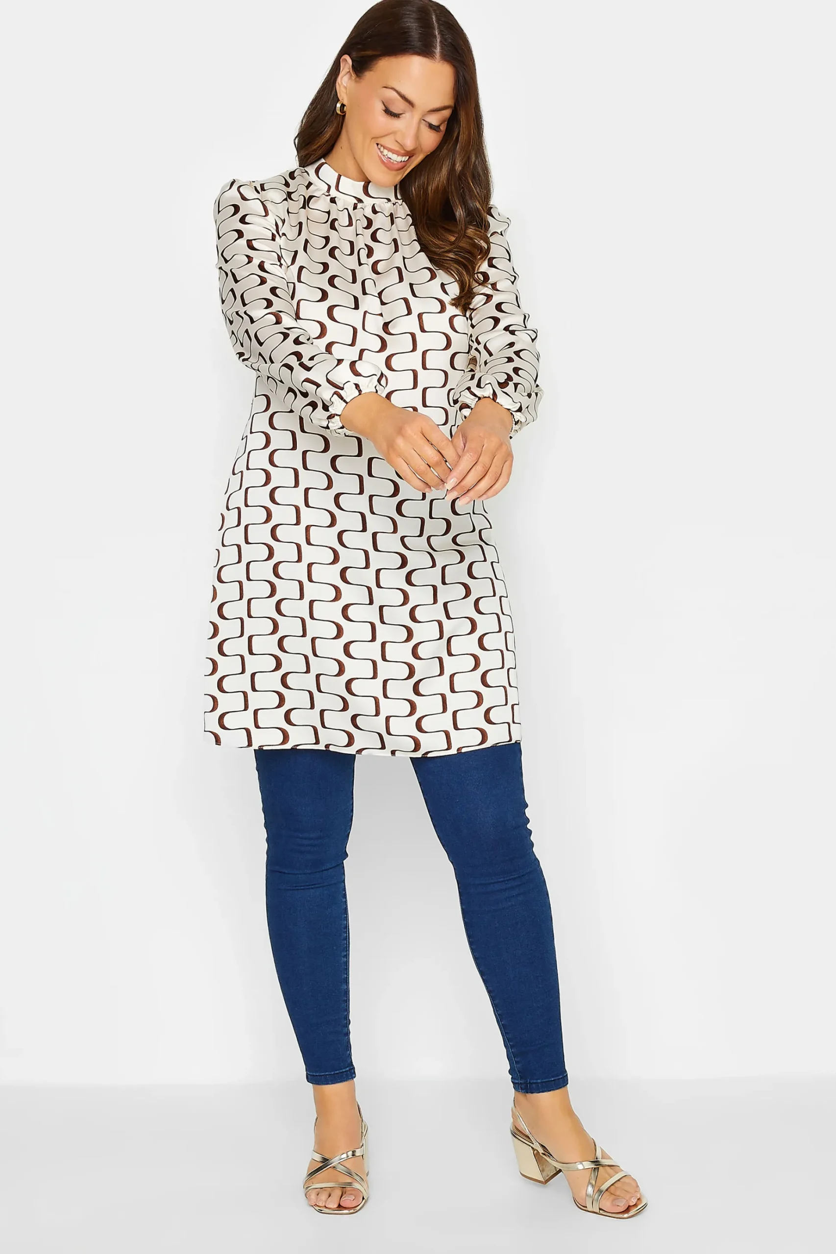 M&Co Womens M&Co White Ivory Geometric Print High Neck Tunic Blouse