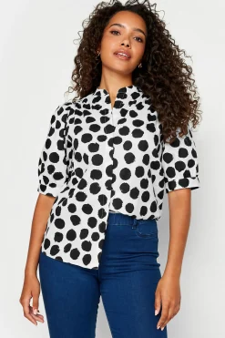M&Co Womens M&Co White Polka Dot Puff Sleeve Shirt